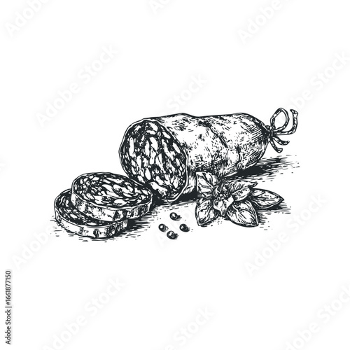 Hand-drawn sketch of sliced salami with basil and peppercorns