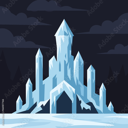 Majestic ice castle towering under dark clouds, surrounded by a frozen landscape, evoking wonder