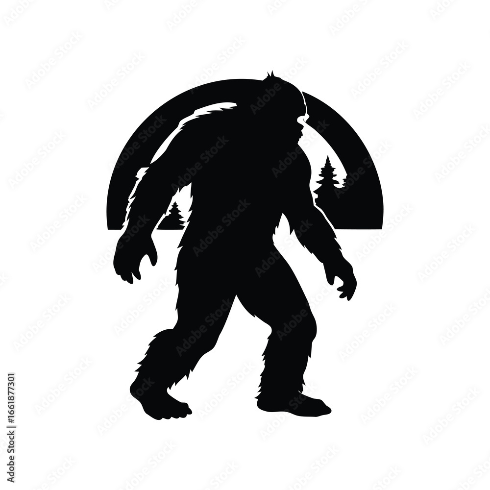 Fototapeta premium Silhouette of Bigfoot with Forest Background, Sasquatch Walking in the Wild, bigfoot at night silhouette vector illustration