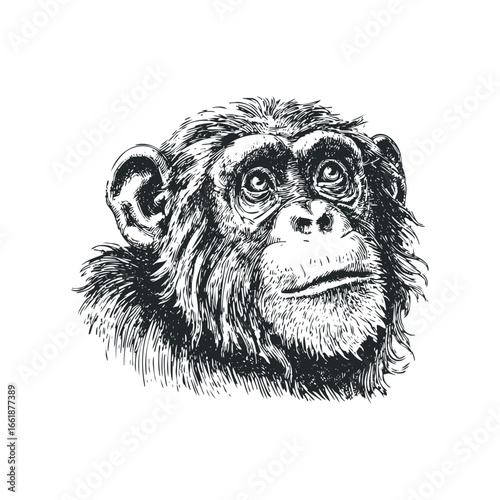 Detailed sketch of a chimpanzee face looking upwards with expressive eyes