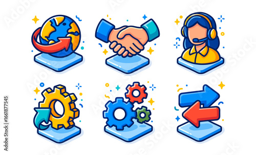 Colorful business and communication icons with globe, handshake, support, gear, and arrows