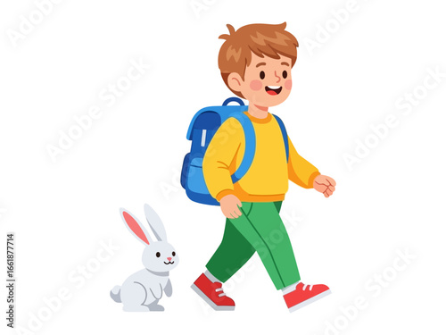 Playful Journey: A joyful child with a backpack walks alongside a charming rabbit, illustrating the essence of friendship, companionship and imagination.