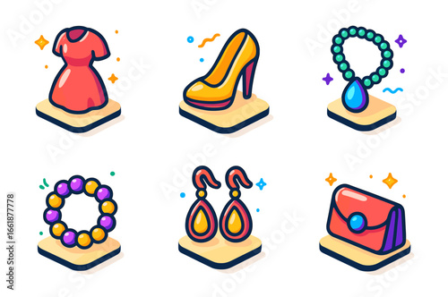 Colorful fashion icons_ dress, high heels, necklace, bracelet, earrings, purse