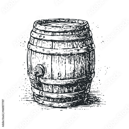 Wooden Barrel with Spigot and Straps Hand Drawn Sketch