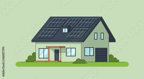 Modern house with solar panels, surrounded by greenery, showcasing sustainable living in a serene environment