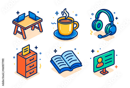 Colorful office and study essentials_ desk, coffee, headphones, cabinet, book, id card