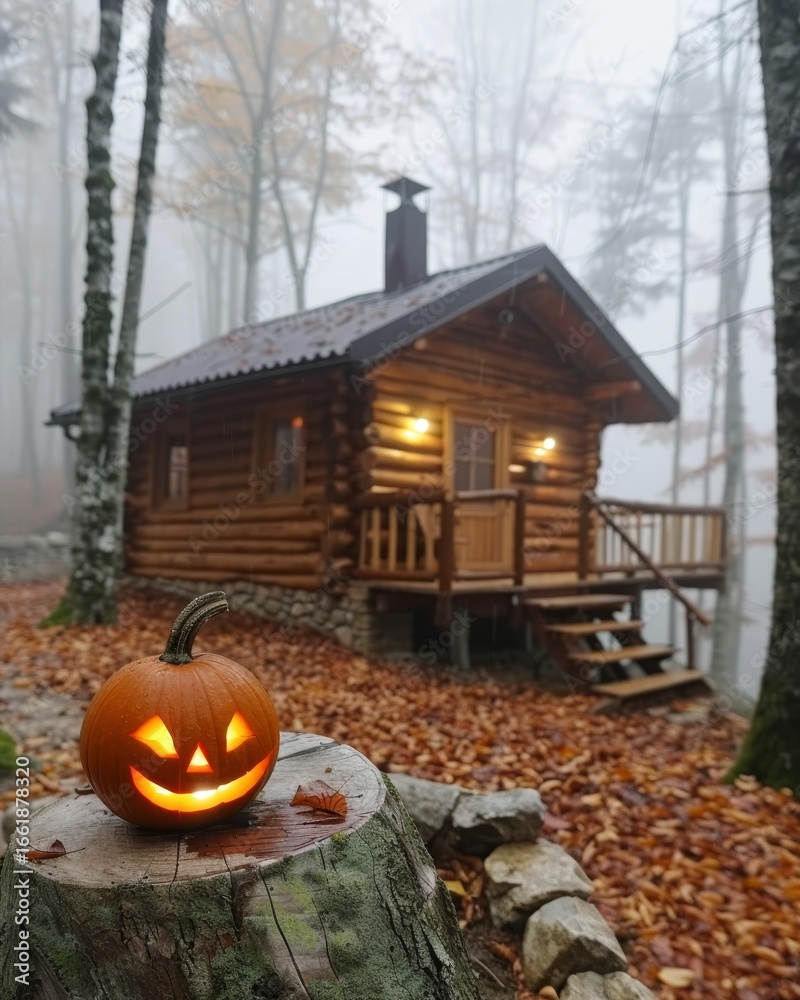 Obraz premium Glowing jack o lantern illuminating a foggy forest scene with a rustic cabin in the background
