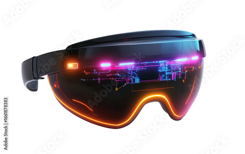 Futuristic cyberpunk visor device designed with glowing neon display representing modern augmented intelligence and high tech cultural identity isolated on transparent background PNG