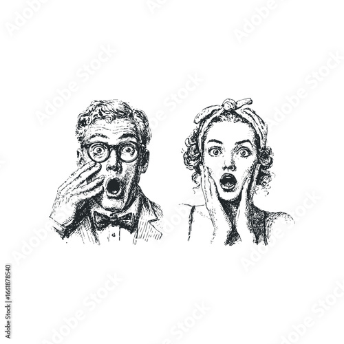 Man and woman reacting with shock and surprise