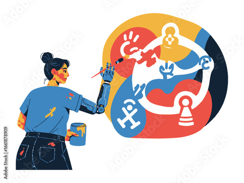 Creative Canvas: A talented artist with a prosthetic arm, brushes vibrant colors onto a whimsical canvas, illustrating themes of innovation, accessibility, and the art of transformation.