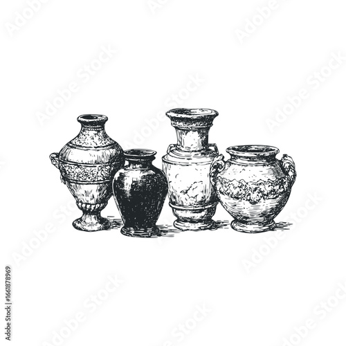 Collection of four ancient decorative amphorae and urns with textured surfaces