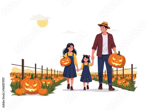 Pumpkin Patch Adventure: A family strolls through a sun-drenched pumpkin patch, joyfully embracing the spirit of autumn and the harvest season, holding carved jack-o'-lanterns. 
