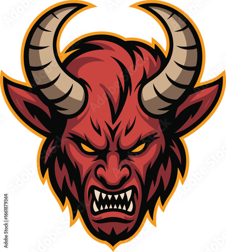 Red devil face with horns and sharp teeth aggressive expression demon monster