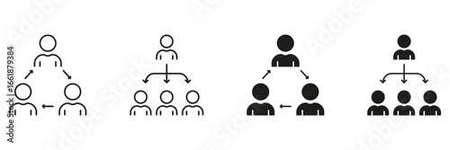 Organizational Hierarchy And Team Structure Line And Solid Icon Set. Leadership, Management, And Teamwork Symbol Collection. Business Collaboration. Isolated Vector Illustration
