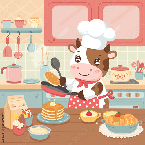 Cheerful cartoon cow chef preparing pancakes in a cozy kitchen with various cooking utensils