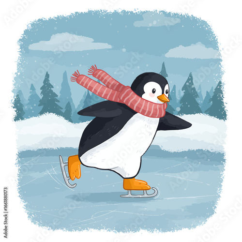 Playful penguin skating gracefully on ice, surrounded by snowy trees and a wintery backdrop
