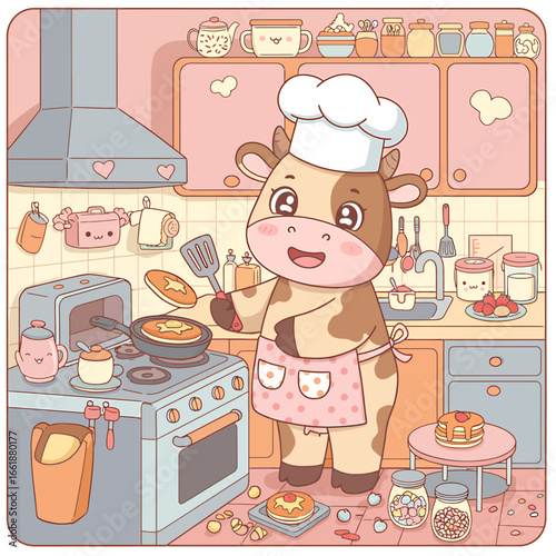 Cheerful cartoon cow chef cooking pancakes in a pastel-colored kitchen filled with sweets and jars