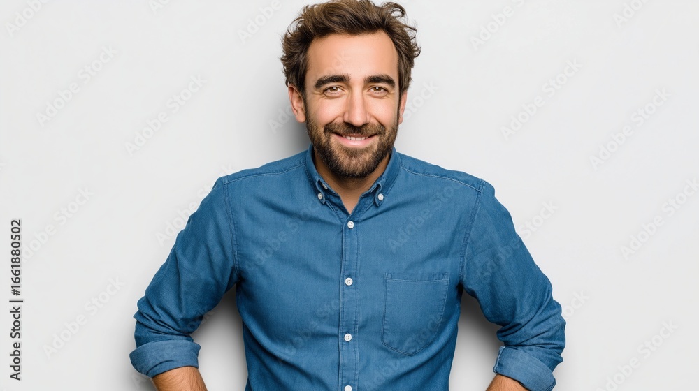 Obraz premium Young man smiles confidently while standing against a bright white background in a casual denim shirt