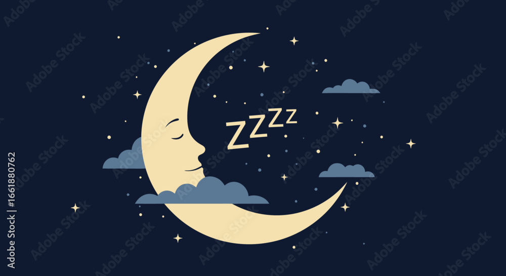 Naklejka premium Serene night scene featuring a crescent moon with a sleeping face, surrounded by clouds and stars