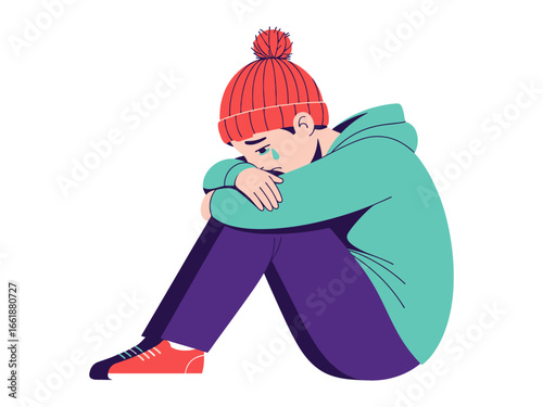 Empathy and Despair: The image shows a despondent figure, alone and enveloped in the depths of sorrow, curled up in a gesture of helplessness, tears streaking down their face