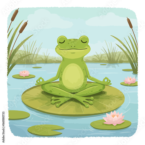 Serene green frog meditating on a lily pad in a tranquil pond surrounded by nature