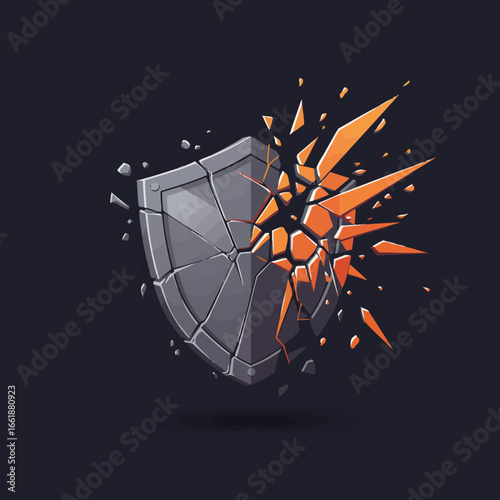 Shield breaking apart with shards flying, symbolizing protection and resilience in a dark background