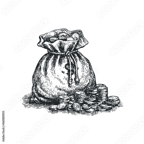 Sketch of a money bag overflowing with coins and stacks of currency