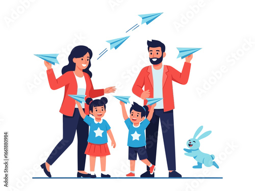 Family with Paper Airplane Fun: A vibrant illustration of a family united in joyful play, as they launch paper airplanes, a celebration of togetherness and childhood delight.