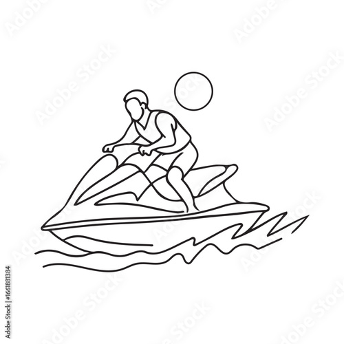 Minimalist One Line Art of a Person Riding Jet Ski on Water Waves for Adventure Themes and Graphic Design