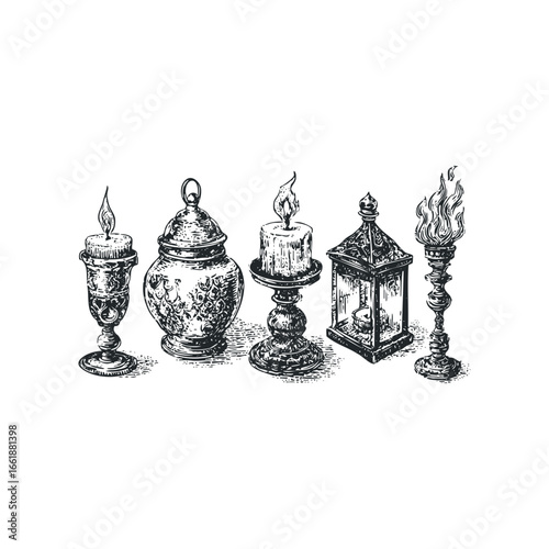 Collection of vintage ornate candle holders and lanterns with burning flames