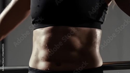 Close up of a sweaty woman's abs after a workout in a black sports bra and workout pants indoors