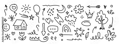 Hand Drawn Doodle Sketch Icons | Arrows, Hearts, Stars, Flowers, Clouds, Tree, Rainbow, House, Fun Elements