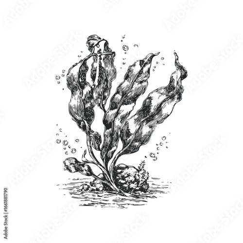 Black and white sketch of kelp plants swaying in water with bubbles