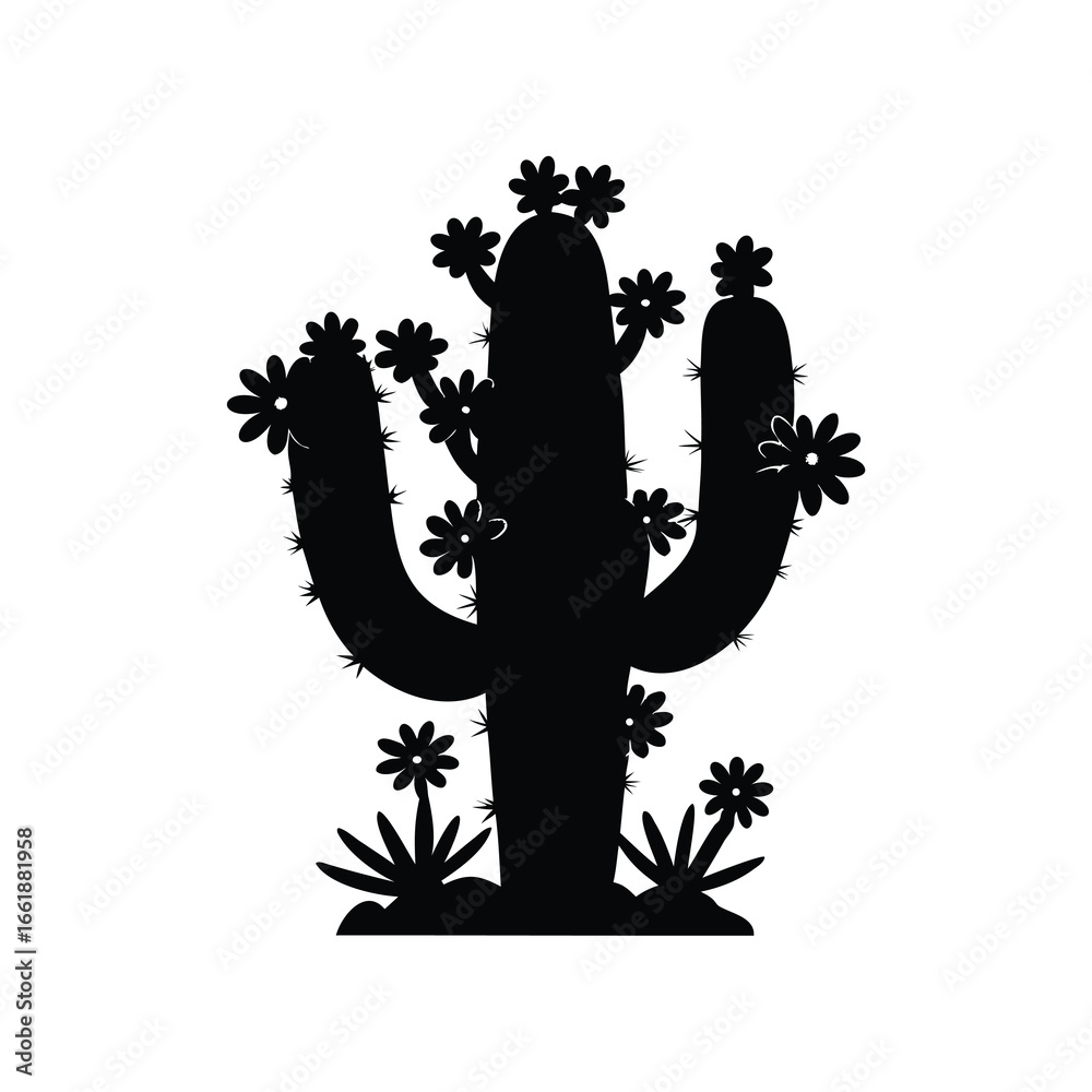 Fototapeta premium Silhouette of a flowering saguaro cactus against a white background design, cactus blooming in spring silhouette vector illustration