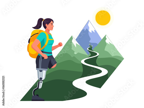Journey of Resilience: A determined individual, empowered by a prosthetic limb, fearlessly strides toward the majestic mountain, symbolizing resilience and unwavering determination.
