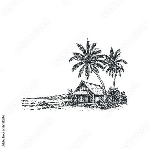 Sketch of a secluded beach hut with palm trees and ocean view