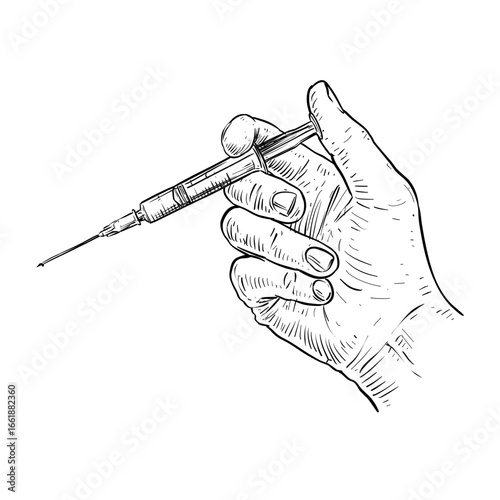 hand holding syringe vector line art hand drawn illustration