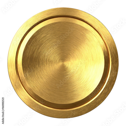 gold circle round background. Golden metal round isolated on white. Metallic shiny element. Circular metal button. Ideal for badge, award, border, plaque. PNG, cut out