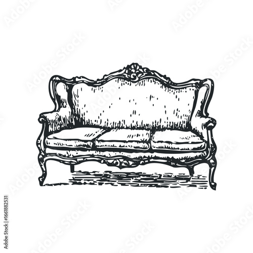 Ornate Vintage Sofa with Carved Wood Frame and Cushioned Seating