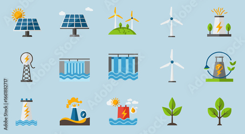 Colorful icons representing renewable energy sources including solar, wind, and hydroelectric power