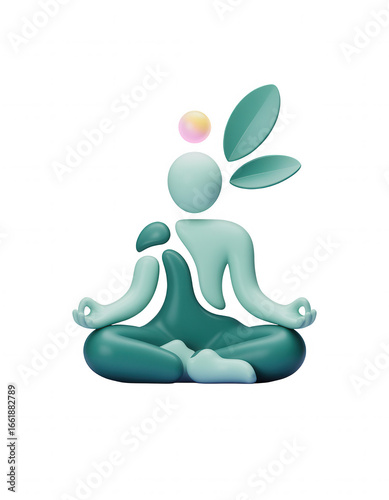 Stylized figure meditating peacefully with serene leaf elements and glowing orb, promoting wellness and calm