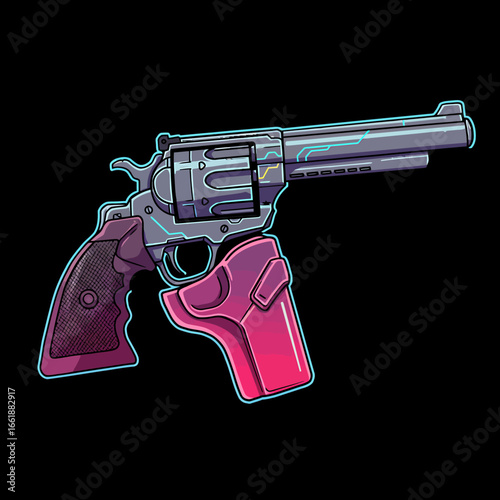 Colorful illustration of a revolver with a futuristic design in a holster against a plain background