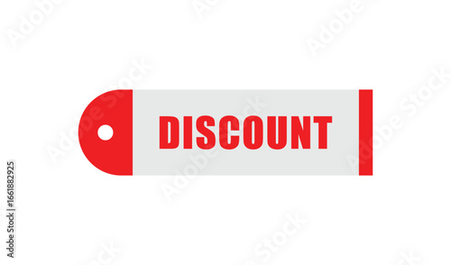 Red and white tag with the word discount in bold red letters