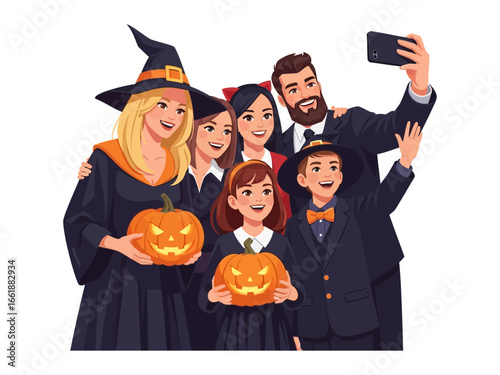 Spooky Selfie Moment: A close-knit family, adorned in festive Halloween attire, gathers for a shared selfie. Smiling and joyful, each individual radiates the thrill of the season, pumpkins in hands. 