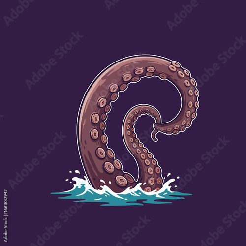 Colorful illustration of an octopus tentacle emerging from water against a dark background