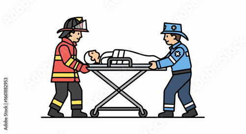 Firefighter and Paramedic Carrying Patient on Medical Stretcher Illustration.