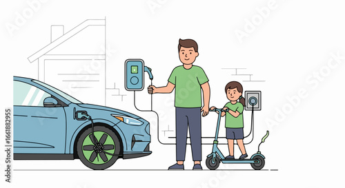 Father and daughter charging electric car and scooter at home, promoting eco-friendly lifestyle.