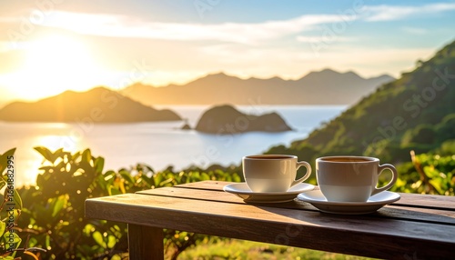 Two Cups of Coffee Overlooking Ocean at Sunset