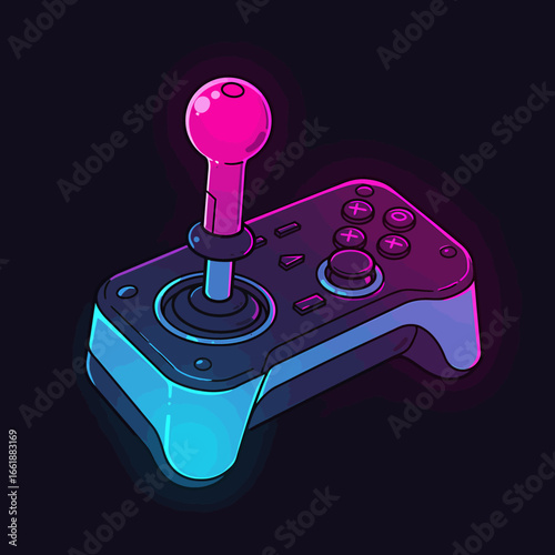 Vibrant neon joystick controller with glowing buttons and stick against a dark background