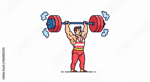 Muscular Man Lifting Heavy Red Barbell Overhead with Effort.